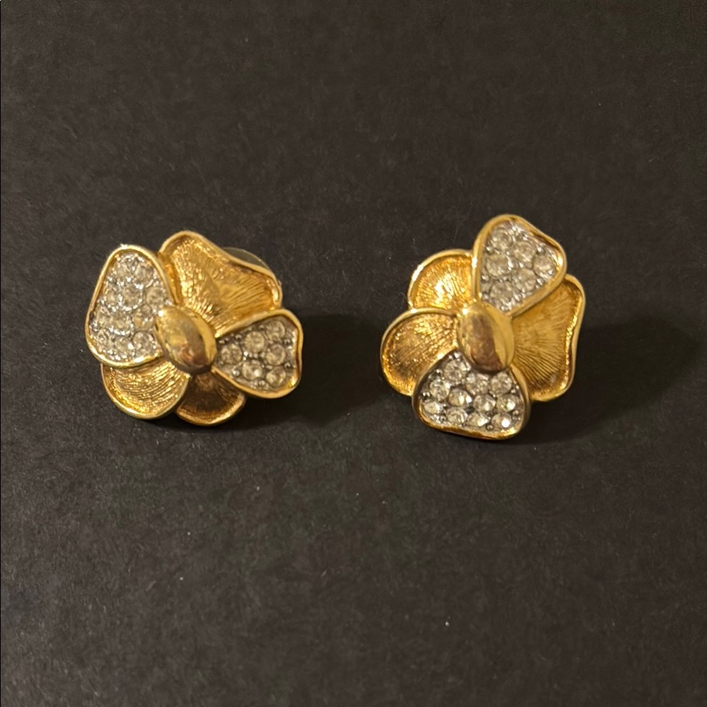 Vintage Monet Gold Tone Floral Pave Rhinestone stud earrings